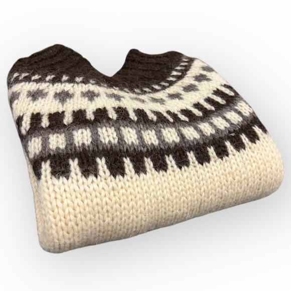 Vintage Icelandic Lopapeysa Wool Sweater Álafoss Lopi Yoke Cream Brown M - Picture 8 of 9